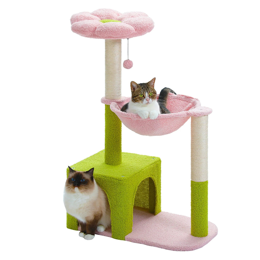 Arbre à chat <br> fleur rose et panier